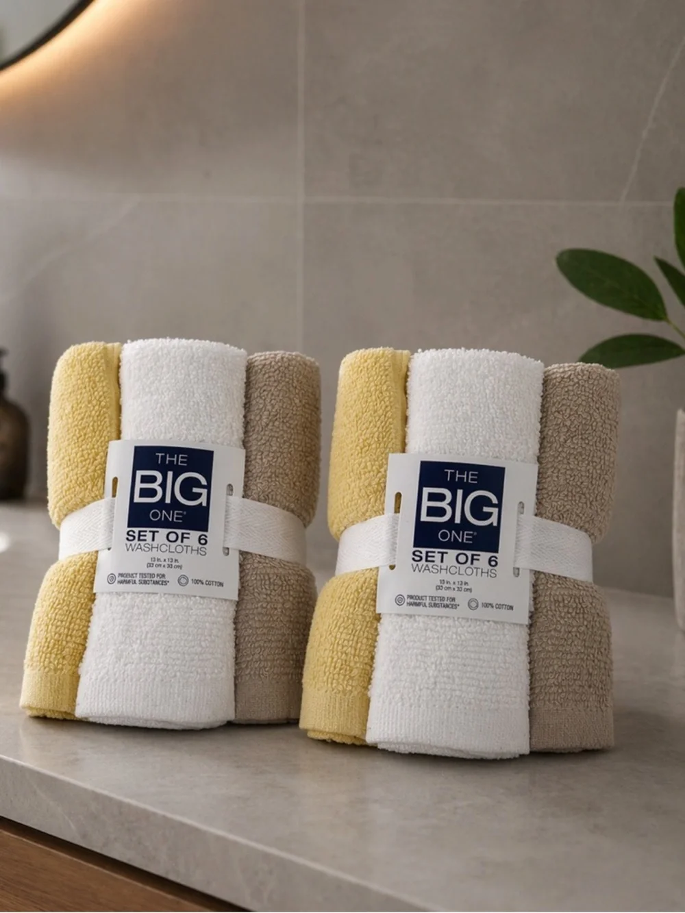 2x The Big One Washcloths Face Cloths 6 Pack 100% Cotton yellow & White 13”x 13”